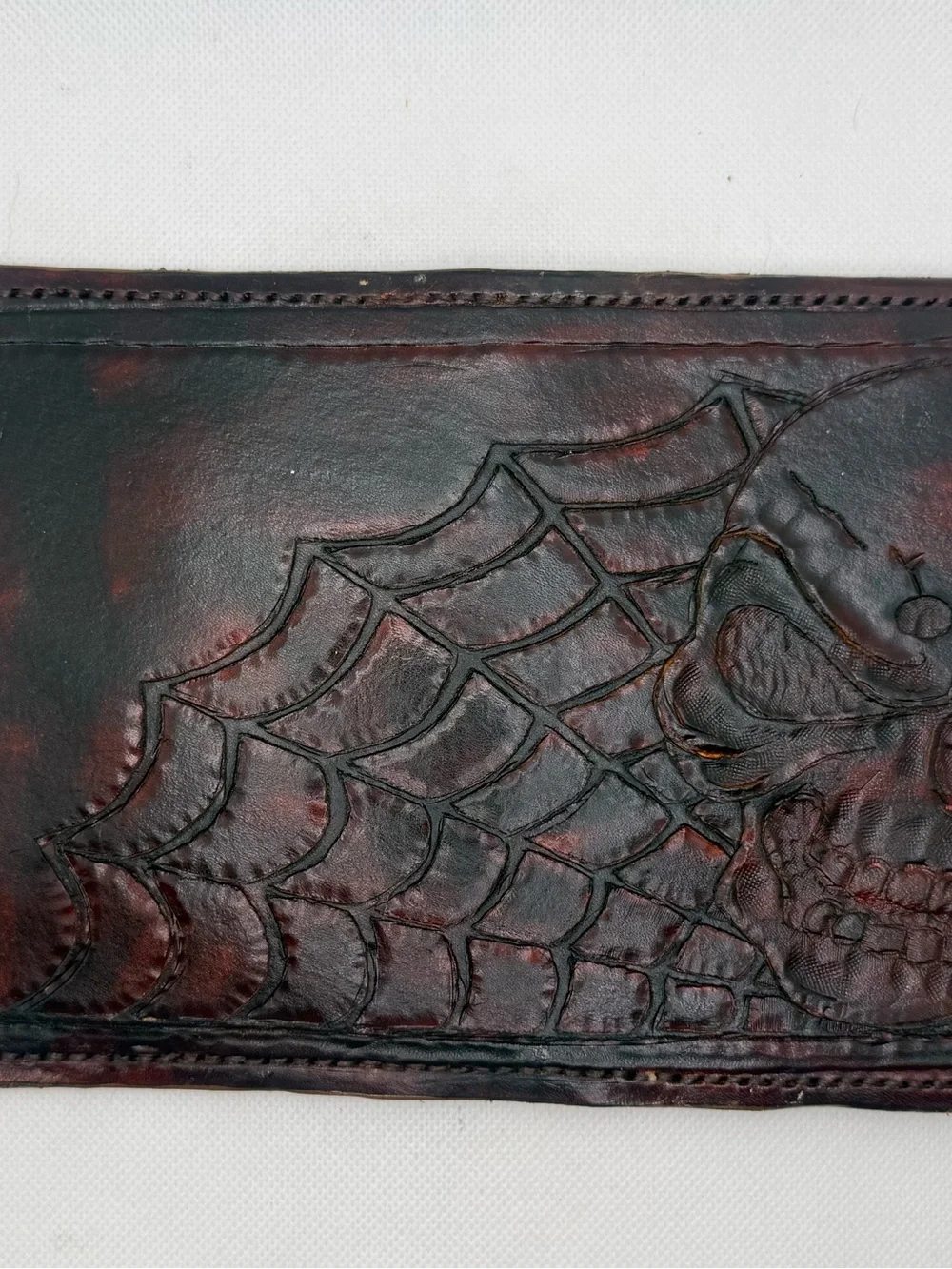 Handmade Hand-Tooled Leather Passport Wallet – Skull & Spiderweb Gothic Design